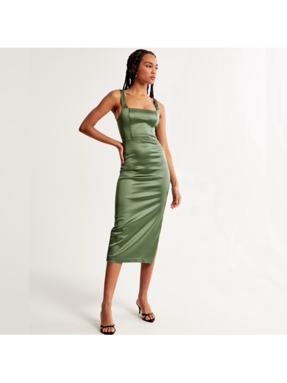 Abercrombie & Fitch Olive Green Satin Square-Neck Midi Dress